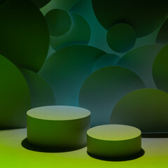 Abstract scene for presentation skin care products - two round podiums mockup in dark blue acid green glowing light, bubbles fly decor. Template for showing, display cosmetics in neon disco style.