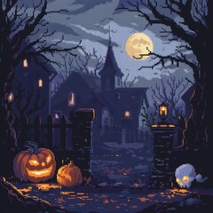 Fototapeta premium Pixel art illustration of a spooky Halloween night with haunted house, cemetery, and Jack-o'-lanterns. Perfect for game design, wallpaper, or spooky celebration concepts