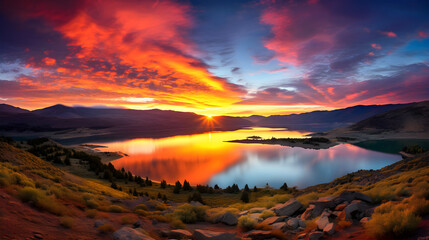 Naklejka premium The Divine Artistry: A Serene Lake Resting in the Lap of Misty Mountains Under a Twilight Sky