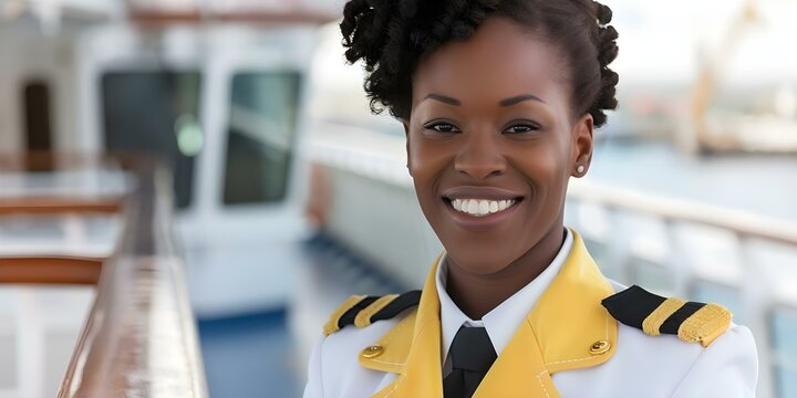 An African woman in cruise ship staff uniform serving as boat service crew. Concept Cruise Ship, African Woman, Boat Service Crew, Staff Uniform, Nautical Setting