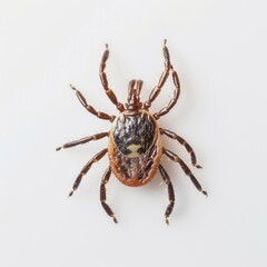 A tick, its legs and body structure visible, making a striking image against a white background.