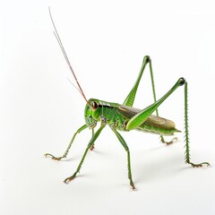 Fototapeta premium A grasshopper with long jumping legs, captured mid-leap on a white background. 