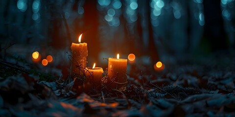 Wiccan Slavic Tradition Using Litha Candles in a Dark Forest for Mystical Rituals. Concept Slavic Tradition, Litha Candles, Dark Forest, Mystical Rituals, Wiccan Practices