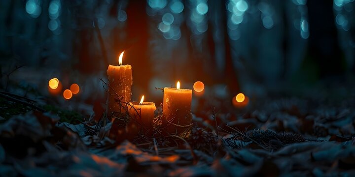 Wiccan Slavic Tradition Using Litha Candles in a Dark Forest for Mystical Rituals. Concept Slavic Tradition, Litha Candles, Dark Forest, Mystical Rituals, Wiccan Practices