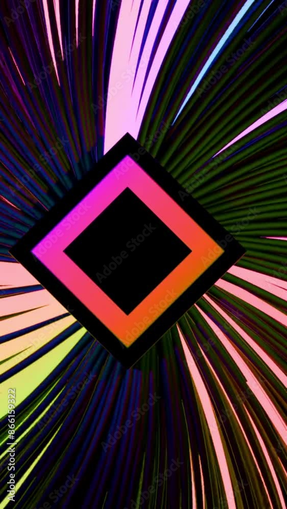 Poster A square with burning lanterns.Design.An orange geometric figure from which multicolored rays come and move in abstraction.