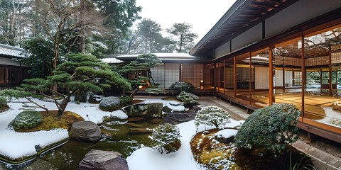 Japanesestyle house with garden in winter traditional yet modern wide format. Concept Winter Garden, Traditional Architecture, Modern Design, Japanese Style, Wide Format Photography
