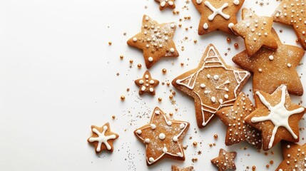 Star shaped gingerbread cookies for Christmas and New Year s with white background and space for text