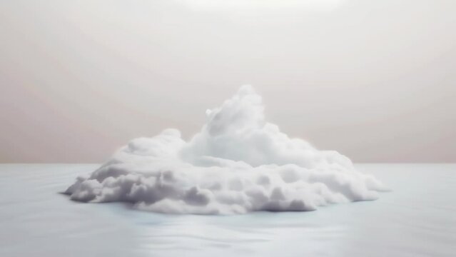 Solitary cloud formation hovers above misty waters. Soft, monochromatic palette creates dreamlike atmosphere. Blurred boundaries between sky and sea evoke mystery and tranquility.