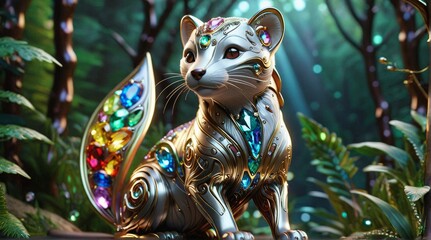 Jewel-Encrusted Mechanical Weasel in Mystical Forest
