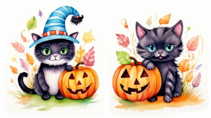 Two Cute Black Kittens with Halloween Pumpkins and Autumn Leaves. Adorable Halloween Illustration, Greeting Card, or Design Element