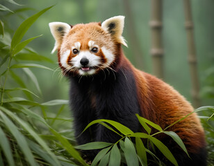 red panda in the forest, red panda eating bamboo