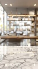 A white marble countertop in front of a blurred modern kitchen