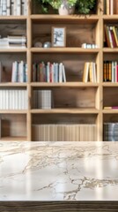Fototapeta premium White marble countertop with a blurry bookshelf in the background