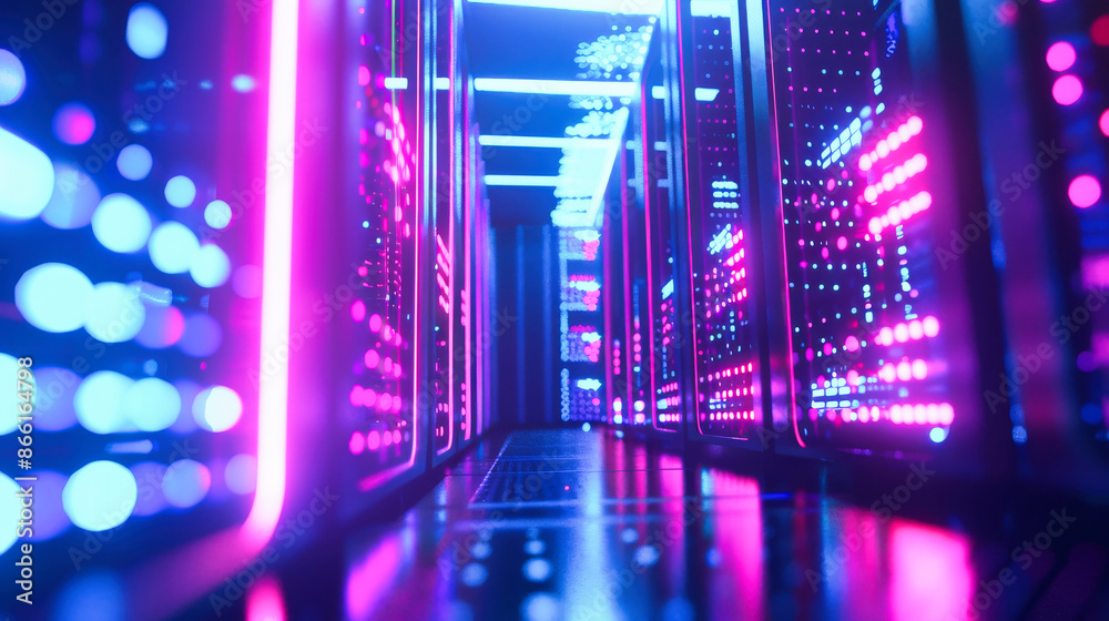 Poster data center with a row of computer servers. abstract generic concept of cyberspace, communication an