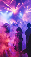 Obraz premium silhouette of people dancing on dance floor colorful psychedelic lights and smoke machine rave dance party nightclub interior
