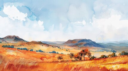 Serene Watercolor Illustration of Cradle of Humankind Archaeological Sites in South Africa with Rolling Hills