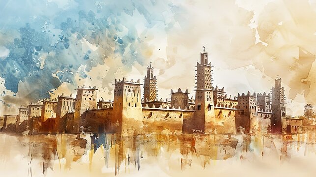 Serene Watercolor Illustration of the Great Mosque of Djenne in Mali Showcasing Unique Mudbrick Architecture