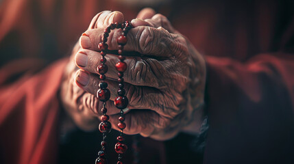 The hands of an old catholic monk praying, holding a rosary