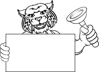 Plumber Wildcat Plunger Cartoon Plumbing Mascot