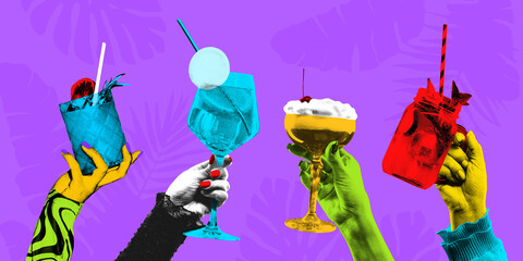 Contemporary art collage. Vivid hands holding colorful cocktails, set against tropical, beach backdrop. Grainy fabric effect. Concept of hot summer holidays, celebration. Grainy fabric effect.