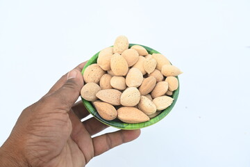 Almond with shell. It's other name Prunus amygdalus and Prunus dulcis. The almond is also the name of the edible and widely cultivated seed of this tree. indian almond.