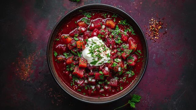Bowl of Traditional Ukrainian Borscht with Sour Cream