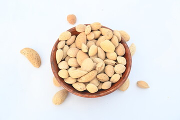 Almond with shell. It's other name Prunus amygdalus and Prunus dulcis. The almond is also the name of the edible and widely cultivated seed of this tree. indian almond.