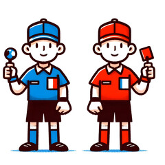 A simple drawing of Swiss and Italian football referees in their distinctive red and blue uniforms, holding whistles and cards.
