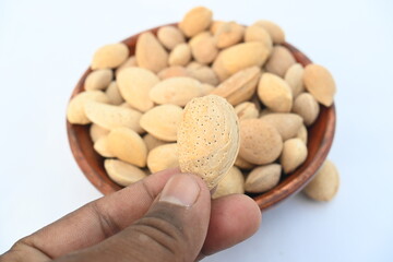 Almond with shell. It's other name Prunus amygdalus and Prunus dulcis. The almond is also the name of the edible and widely cultivated seed of this tree. indian almond.
