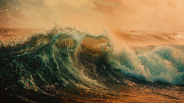 Powerful Nature Image with Curling Ocean Wave. Beautiful Evening Action Photograph of a Rough Sea
