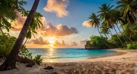 Beautiful beach with palm trees at sunset 