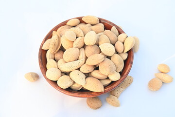 Almond with shell. It's other name Prunus amygdalus and Prunus dulcis. The almond is also the name of the edible and widely cultivated seed of this tree. indian almond.