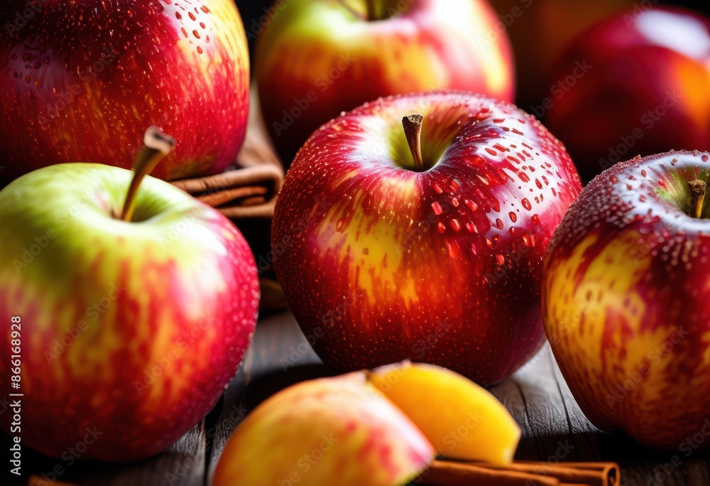Wall mural vibrant close spiced apple slices detail, fresh, fruit, cinnamon, sweet, delicious, healthy, natural, organic, red, autumn, macro, juicy, snack - Wall murals