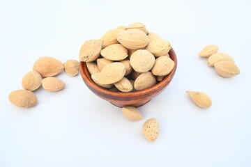 Almond with shell. It's other name Prunus amygdalus and Prunus dulcis. The almond is also the name of the edible and widely cultivated seed of this tree. indian almond.