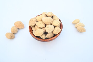 Almond with shell. It's other name Prunus amygdalus and Prunus dulcis. The almond is also the name of the edible and widely cultivated seed of this tree. indian almond.