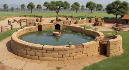 Fototapeta premium An old Traditional vintage stone or cement water well of cattle filled with water, circular water well