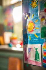 A child's colorful drawing attached to a fridge, with a softly blurred background of a kitchen with family activities. 