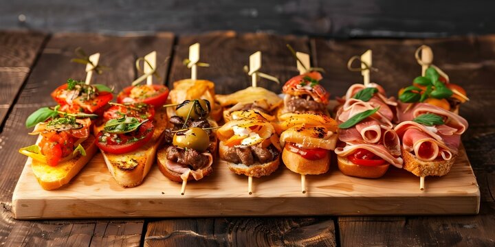 Basque Countrys classic pinchos tapas selection in San Sebastian Spain. Concept Spanish Cuisine, Basque Country, Pinchos, Tapas, San Sebastian