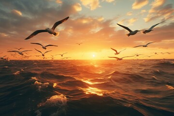Naklejka premium Flying bird sea sunlight.