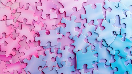 Pink and blue puzzle pieces scattered on a surface