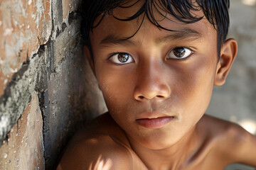 Close up of sad face of Indonesian teenage boy