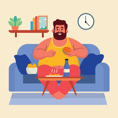 illustration of a fat person who likes to eat and is lazy, preferring to spend time at home