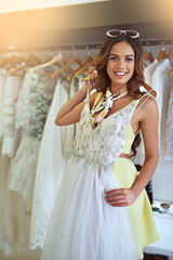 Portrait, choice and woman with wedding dress in store for shopping, elegant gown or clothing deal....