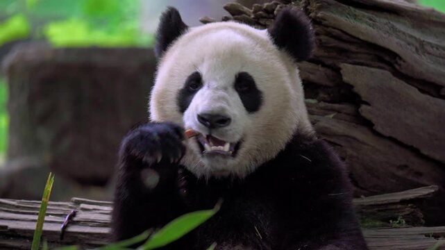 Giant panda eating bamboo at Dujiangyan Panda Base, Sichuan, China.