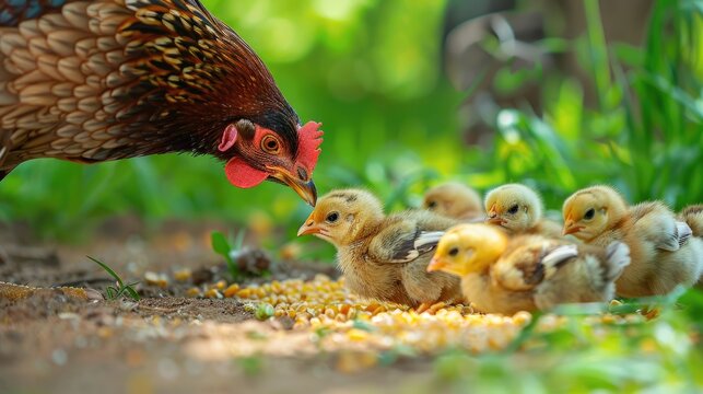 Mother hen and baby chicks eating grain in backyard Organic poultry farm Natural cultivation Space for text
