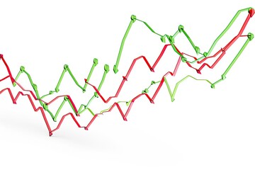 Obraz premium Red and green line graphs on a white background, depicting financial data trends and market analysis, representing business growth and fluctuations.