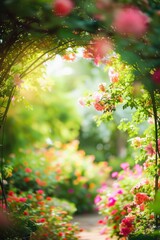 A garden gate covered in blooming flowers, with a softly blurred background of a vibrant garden 