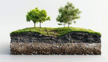 3D layer of ground section with tree. Earth cut slice with forest. Ecology underground, environment landscape. Organic soil surface. Green land piece with grass