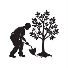 A-man-planting-tree-silhouette-on-white-background AI generated 