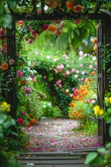 A garden gate covered in blooming flowers, with a softly blurred background of a vibrant garden 